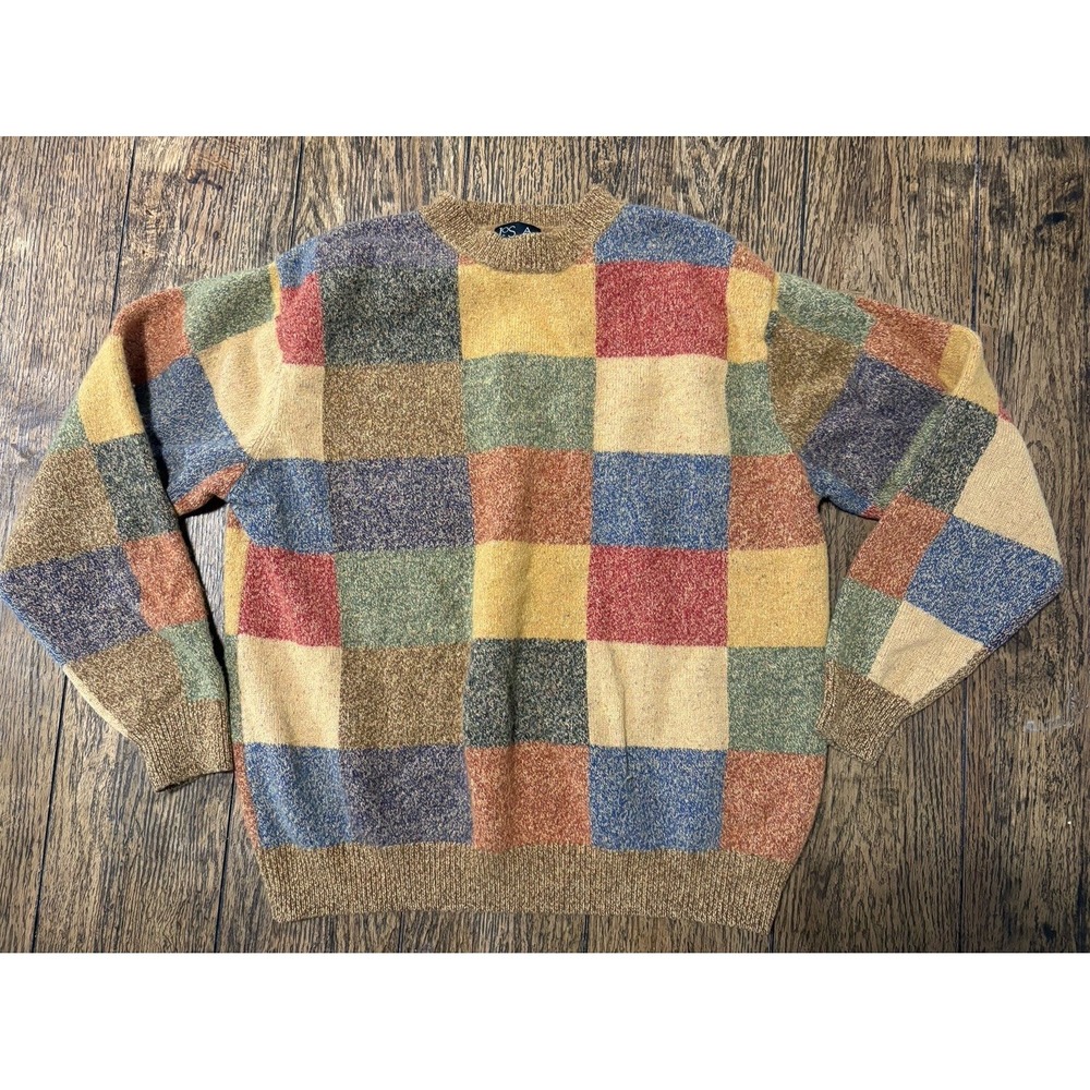 VINTAGE Grandma Sweater L Jos A Bank Patch Work Wool Crewneck 90s